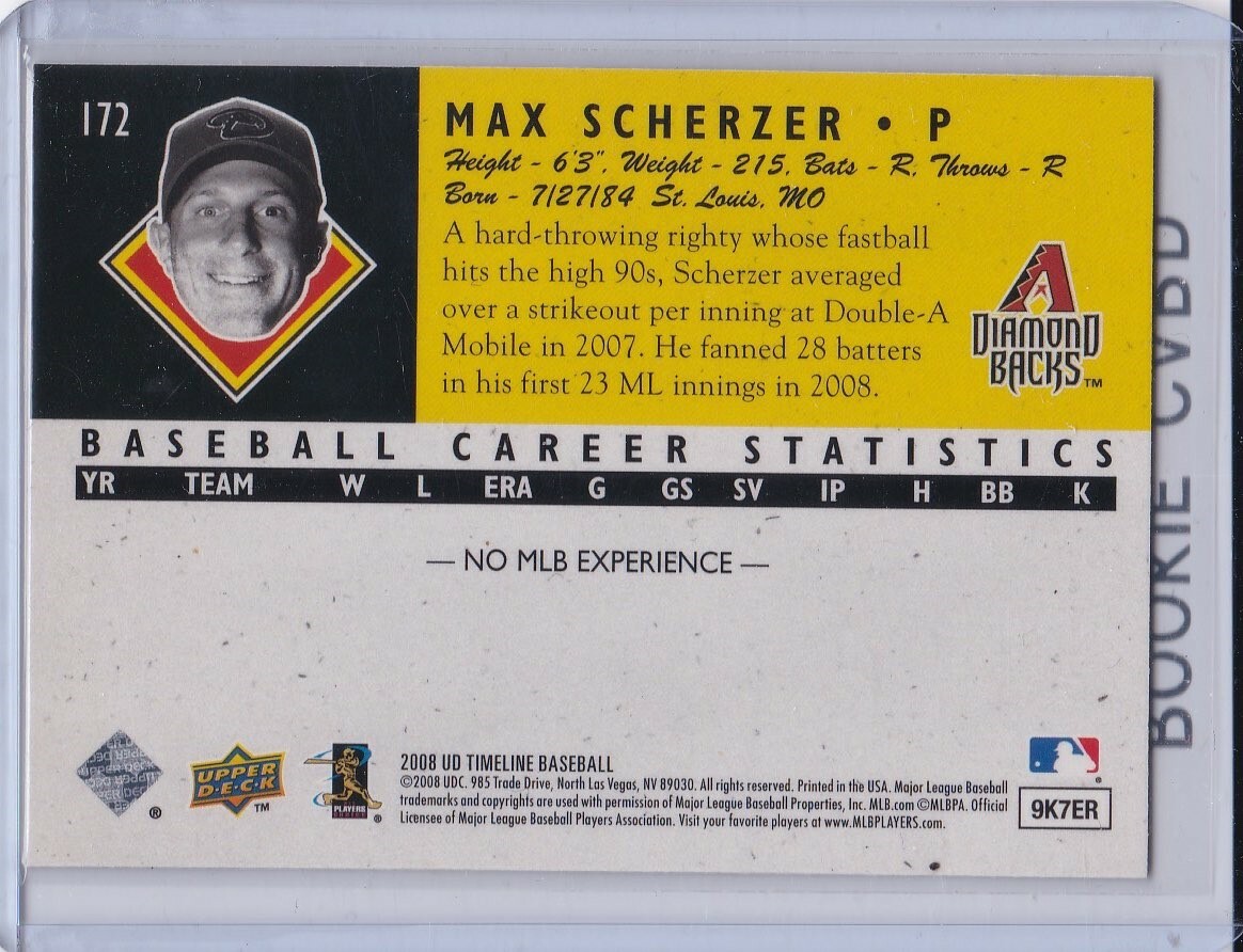 MAX SCHERZER ROOKIE CARD 2008 Upper Deck Baseball RC Washinton