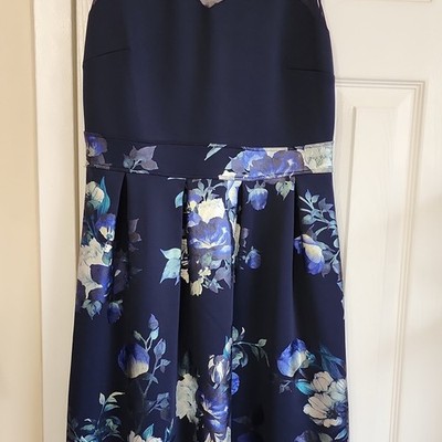 Navy Blue White Floral Fit & Flare Knee Length Dress Illusion Neckline Pleated