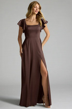 Azazie Bondi Ganache A-Line Bow Stretch Satin Dress New