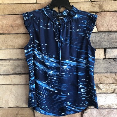 DKNY blue sleeveless high neck lightweight blouse NWT Women Large