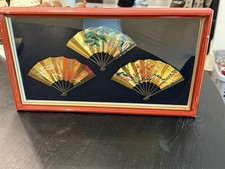 Vintage Framed Japanese Decorative Fans Gold  Multicolor 3 Fans Wood Frame