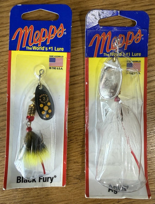 Lot of 2 - Mepps Spinner Fishing Lures -1/4 Oz.  Aglia 3 & 1/6 Oz. Black Fury 2