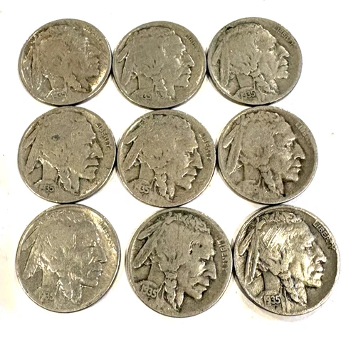 Lot of 9 Indian Head Buffalo Nickel Coins Dated 1935