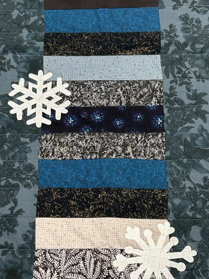 Handcrafted Blue Christmas Blue Snowflake Patchwork Quilt Table Runner 17 x 60” - Image 2 of 4