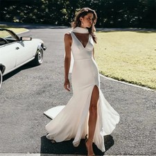 Wedding Dresses Mermaid Bride Side Slit Backless Button Satin Bridal Party Gowns