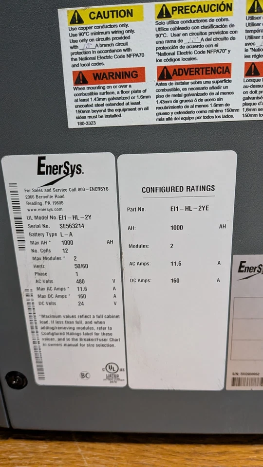 CARGADOR DE BATERÍA PARA CARRETILLA ELEVADORA ENERSYS EI1-HL-2Y ENFORCER IMPAQ 480V 50/60HZ 1000AH Foto 3 de 4