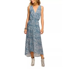 Ramy Brook Yuka Printed Midi Dress, Faux Wrap Ruched, Beachy Coastal Boho, 12