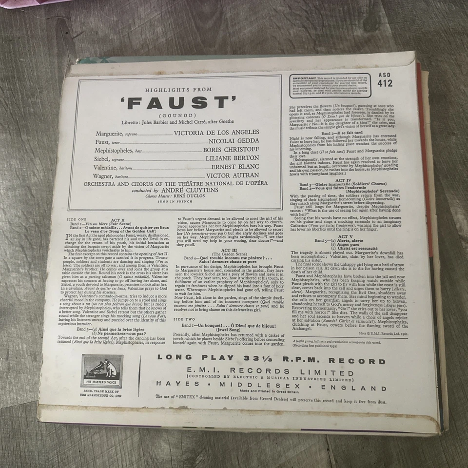 ASD 412 Gounod Faust Highlights / De Los Angeles / Gedda / Cluytens W/G - Image 2 of 4