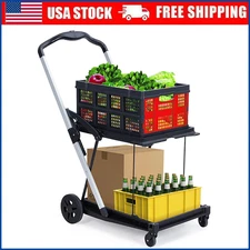 2-Tier Collapsible Utility Cart Multi Functional Shopping Carts with Baskets