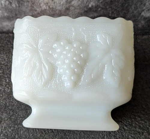 Vintage 4" Tall White Milk Glass Raised, Candy Dish,  Grape Pattern, Ruffle Top