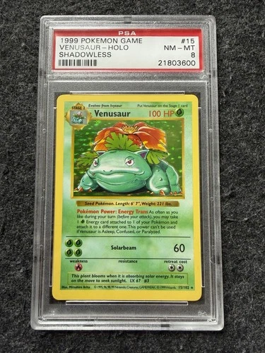 1999 Pokémon TCG Venusaur Holo Rare Shadowless Card 15/102 Base Set PSA 8