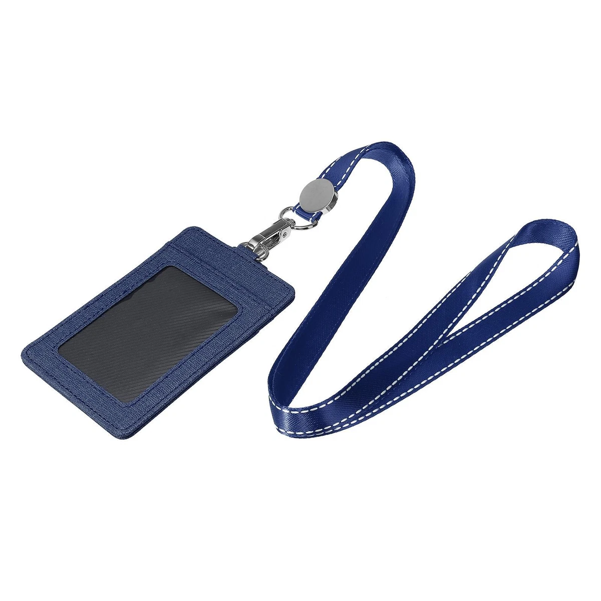 Vertical PU ID Badge Holder with Lanyard and Buckle 3 Card Slots Dark Blue