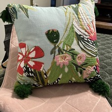 Needle Point Flower Throw Pillow 16 X16 Light Blue Background 4corner Tassels