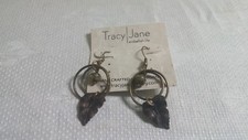 Tracy Jane  BT Metal Beaded Leaf Double Hoop Drop Dangle Wire Pierced Earrings