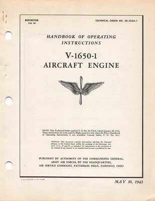 V-1650-1  1943 Packard V-12 Aircraft Engine Operating Inst's Flight Manual -  CD