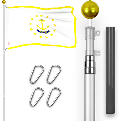 Combo: 16 Ft Telescoping Flagpole Silver & Rhode Island RI State Flag 3x5 Ft Emb