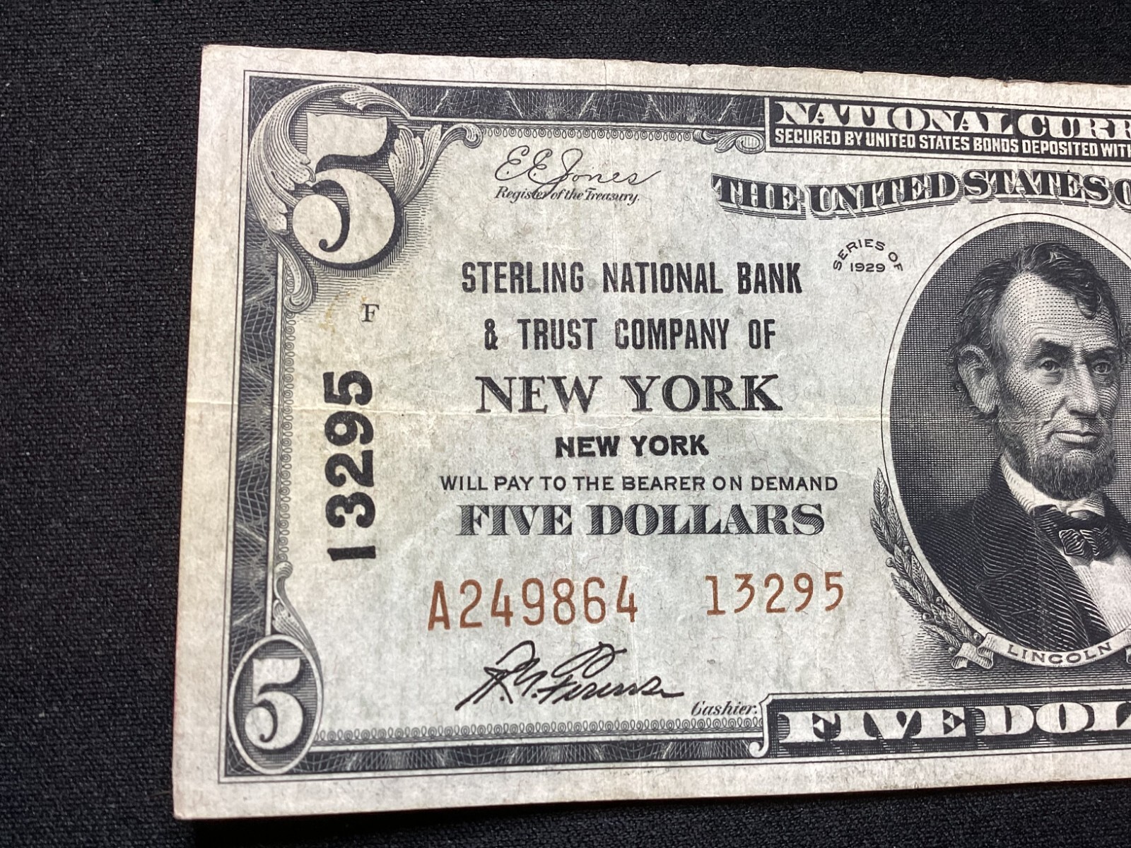 1929 5 Dollar National Currency Sterling National Bank & Trust Company