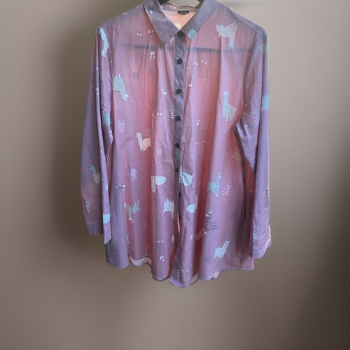 Pink Shana XL Llama-Patterned Button-Up Tunic Blouse With Collar & Back Zipper