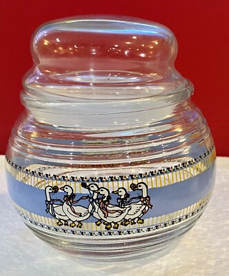 KIG Ducks Geese Easter Spring Glass Candy Jar Sealed Lid Vintage 4'' X 3.75'' Blue