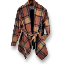 Chicwish Women's M Turn Down Shawl Collar Belted Wool Coat Earth Tone Plaid New