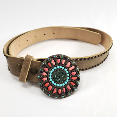 Leatherock Brown Leather Women Belt Large Round Embellished 