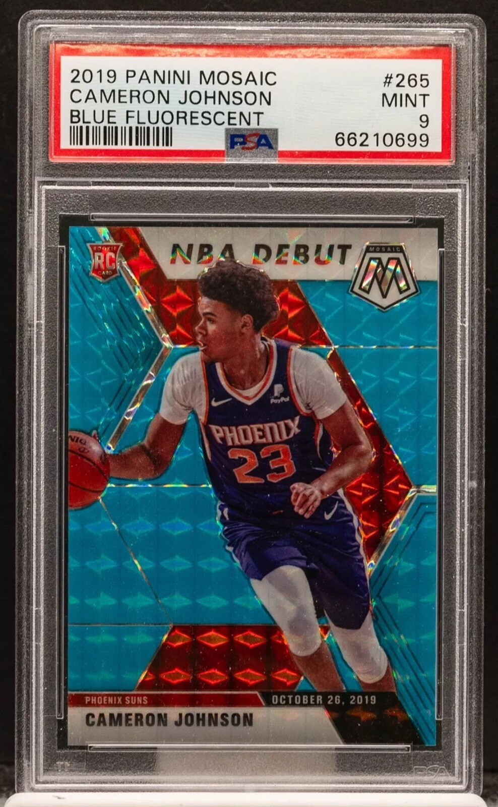Cameron Johnson 2019 Panini Mosaic 265 Blue Fluorescent Prizm RC /15 PSA 9