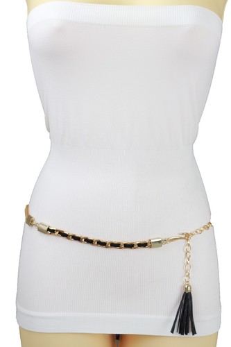 Women Black Tassel Skinny Narrow Strap Classic Belt Gold Metal Chain Links M L - Picture 11 of 24