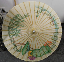 Vintage Rice Paper  Bamboo Asian Inspired Parasol Umbrella 36 " Diameter
