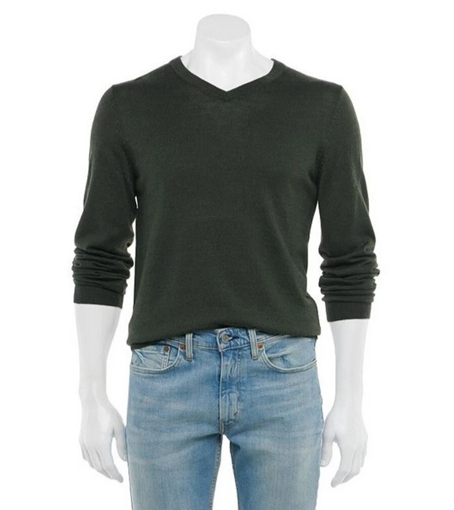 New Mens Merino Wool Blend V-Neck Sweater Pullover Long Sleeves Classic Fit Gray