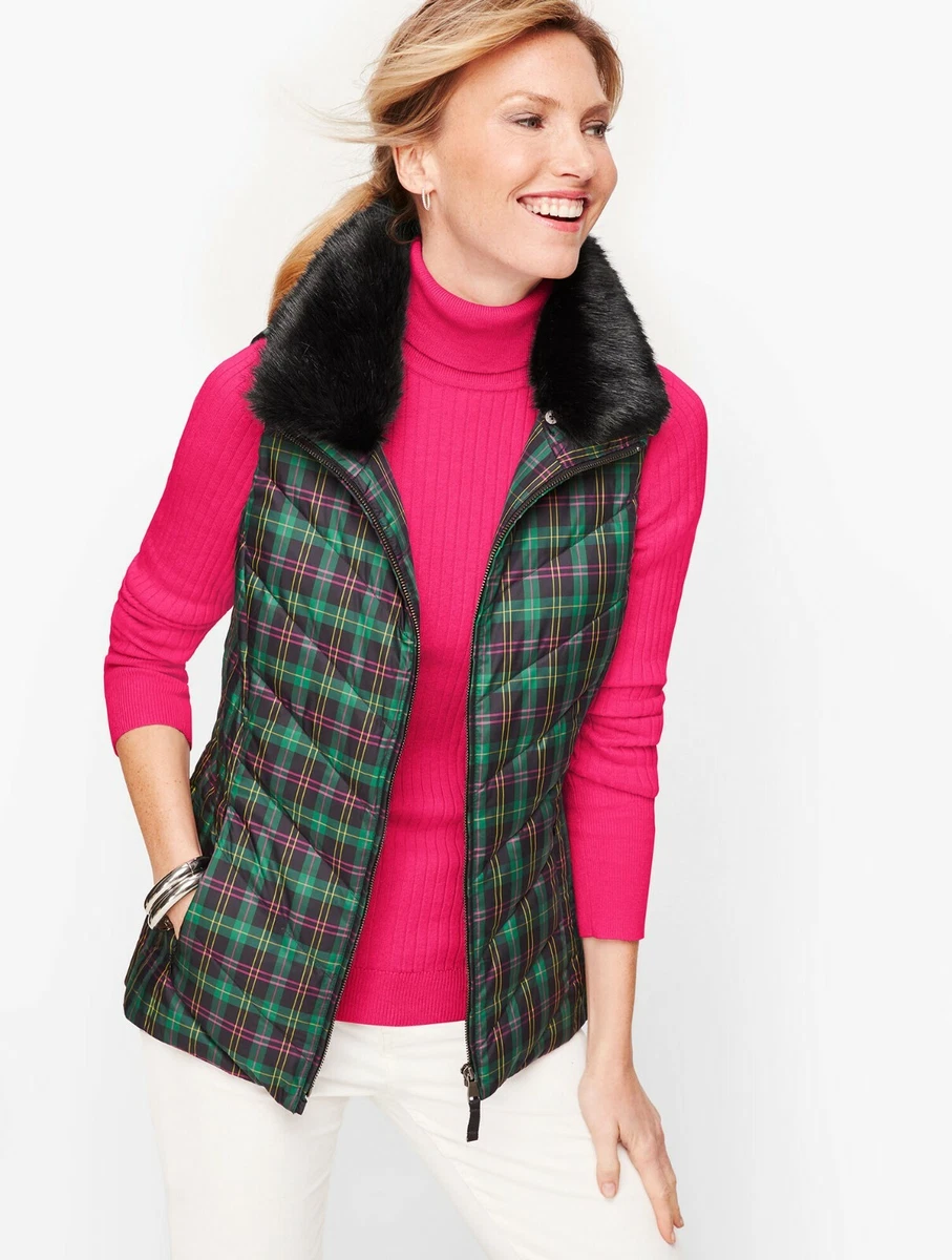 Talbots Plaid Check Vest Down Filled Puffer Faux Fur Collar Ski