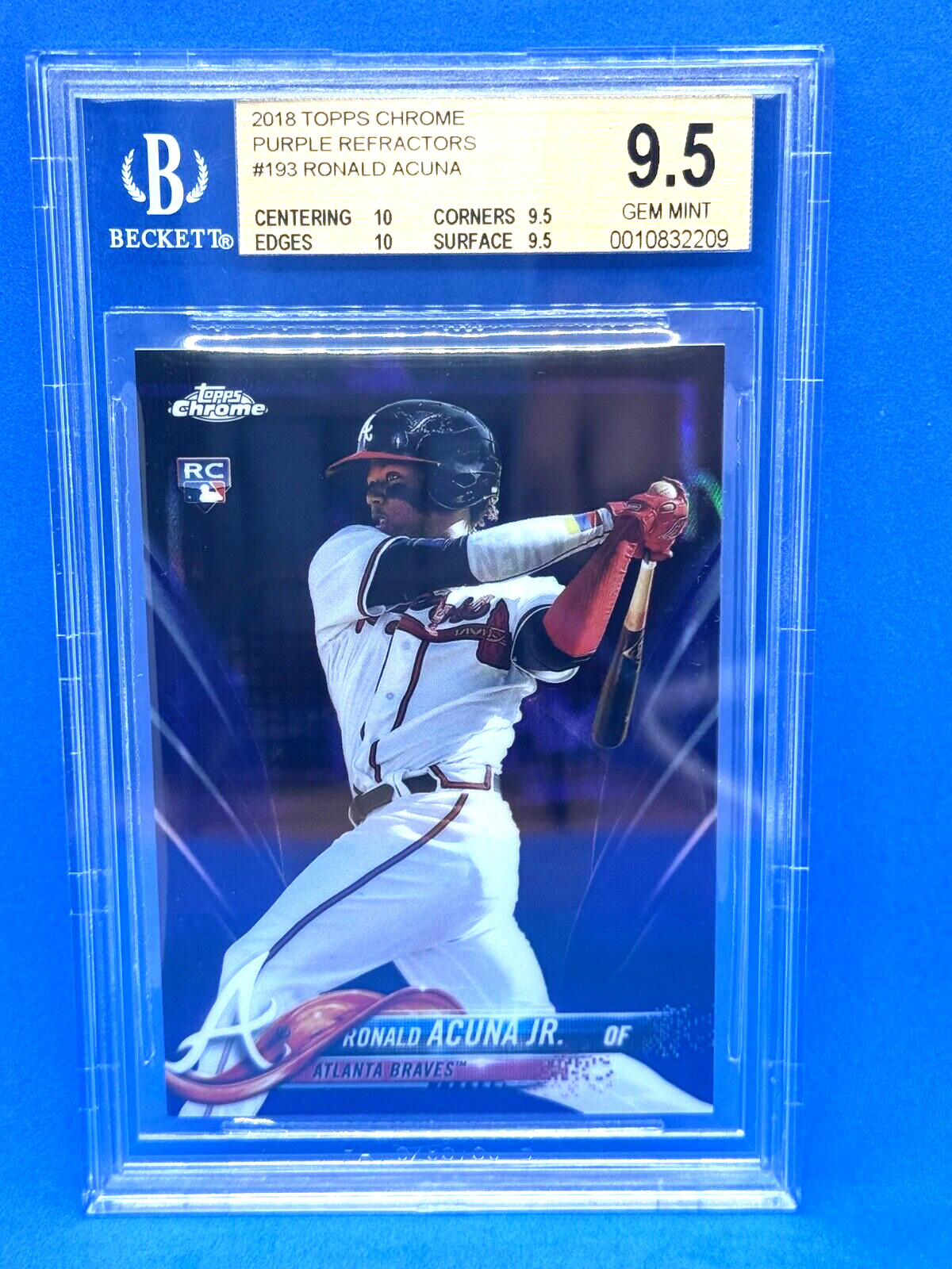 2018 TOPPS CHROME RONALD ACUNA RC #193 PURPLE REFRACTOR #/299 BGS 9.5 True Gem++