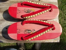 Vtg Geisha Oiran Japanese Red Geta Clog Kimono Flip-flop Wood Slipper Cosplay 