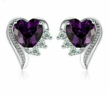 925 Sterling Silver 3.30 Ct Heart Shape Simulated Amethyst Stud Earrings Women's