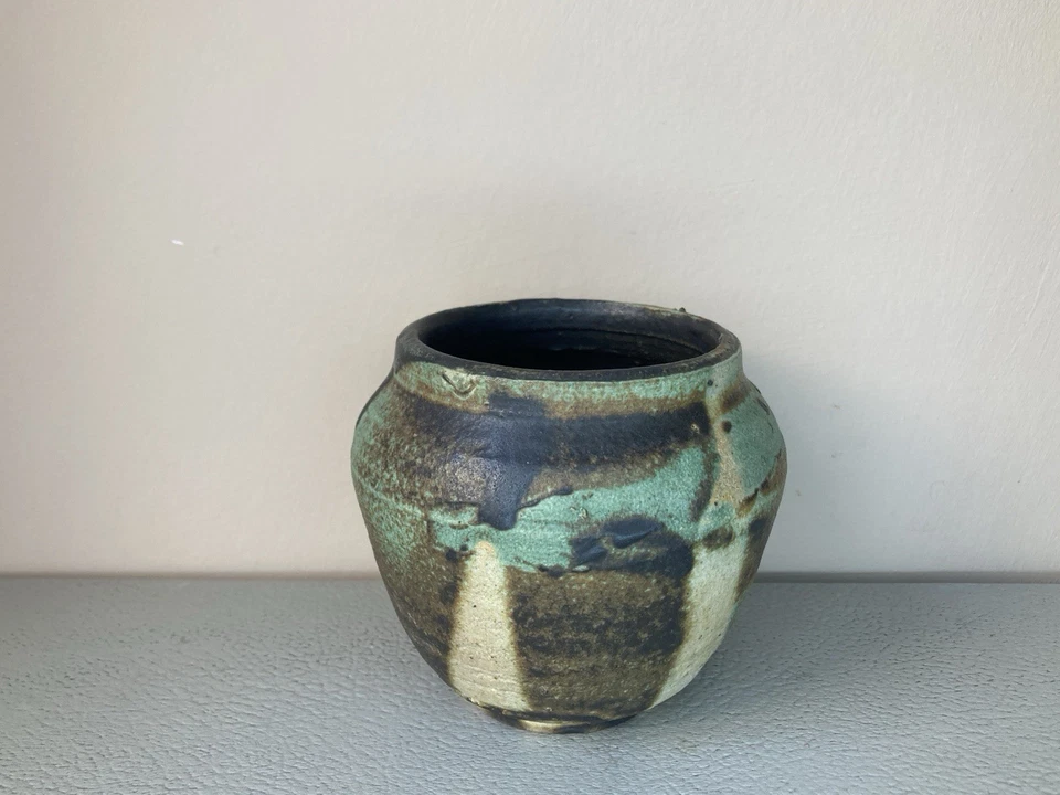 Abstract Glaze Design Small Studio Pottery Vase Pot Turquoise Raku Signed - Image 2 of 4