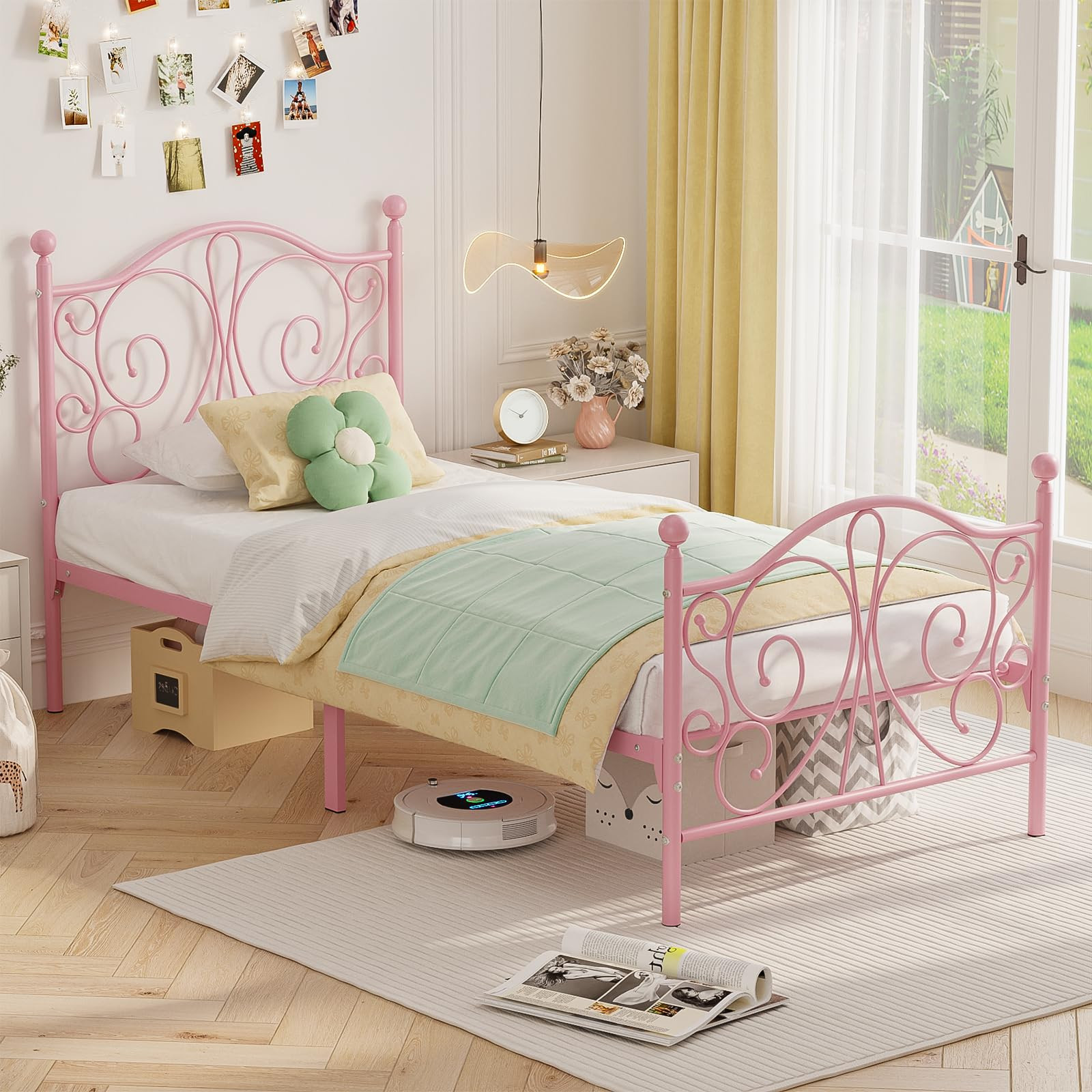 Twin Size Bed Frame with Butterfly Pattern Headboard and Footboard