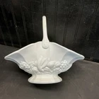 Vintage Indiana Large Milk Glass Basket with Handle Embossed Fruit Design 12” W.