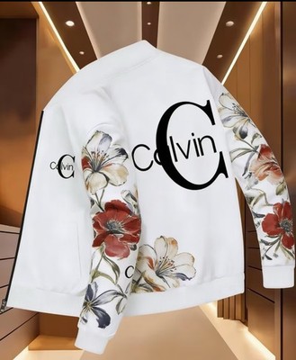 Calvin Floral Embroidered Zipper Lightweight Varsity Jacket White Men