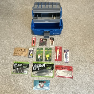 Flambeau Blue/Gray Plastic Hard Case Tackle Box w/ Assorted Lures (NEW) + Hooks