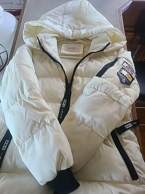 Yibaishun Women White Hooded Puffer Jacket Size Large Zip Up Pockets Disney Font