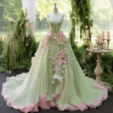 Elegant Flowers Evening Dress Strapless Sleeveless Prom Gown Sweep Train A-Line