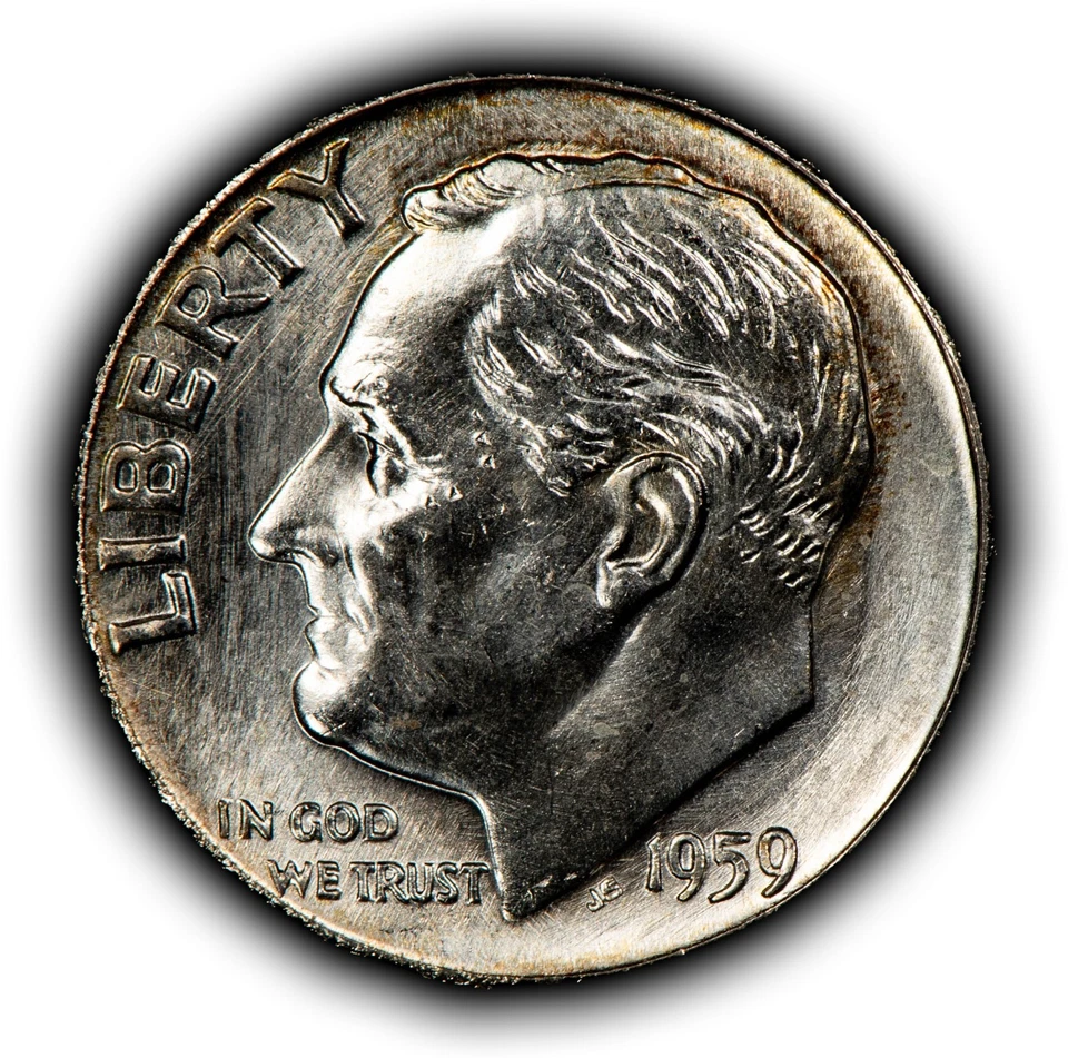 1959 10c Silver Roosevelt Dime - Rainbow Crescent Toning - BU - SKU-Z6370 - Image 3 of 4