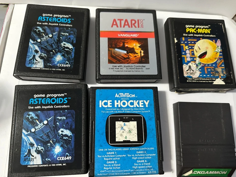 Lot of 5 Atari 2600 Cartridges: Asteroids, Pac-Man, Vanguard, Ice Hockey, Backga - Image 2 of 3