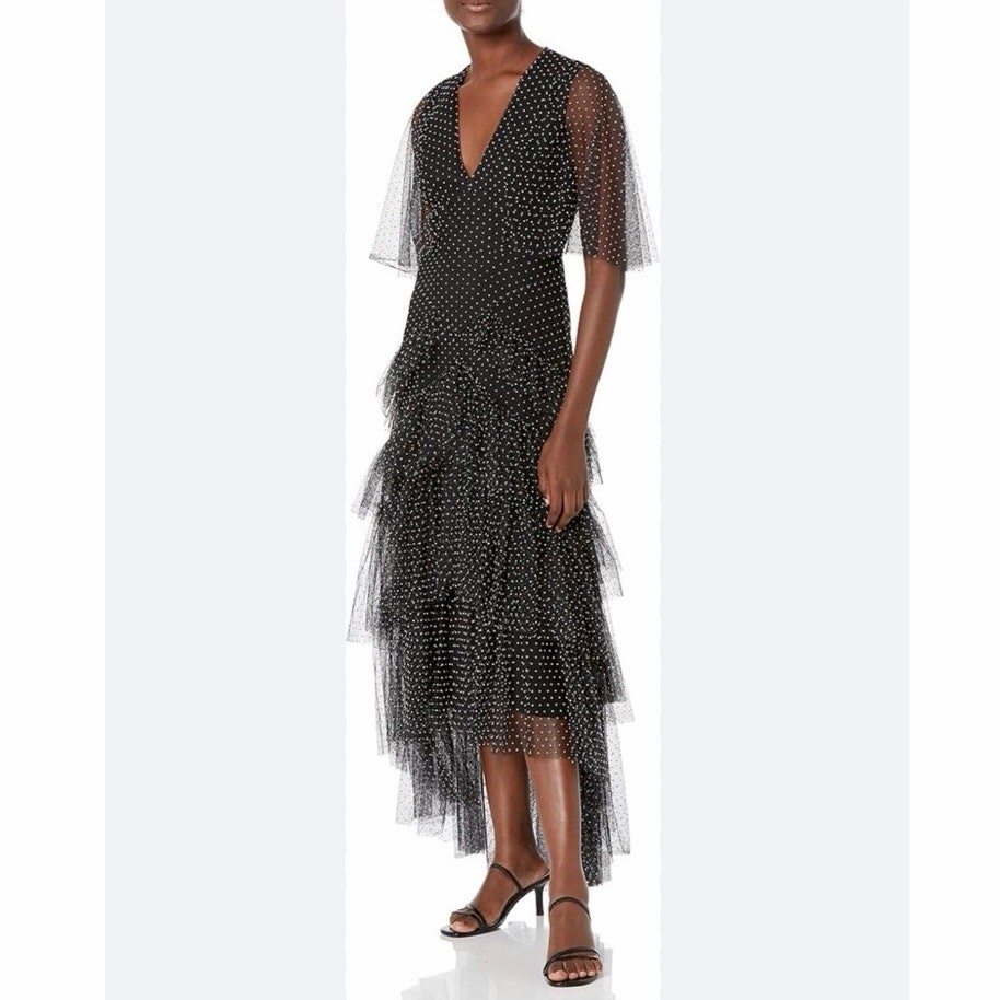 NUEVO SIN ETIQUETAS BCBGMAXAZRIA Maxi Vestido Negro Punto Suizo en Niveles Tul 6 Formal
