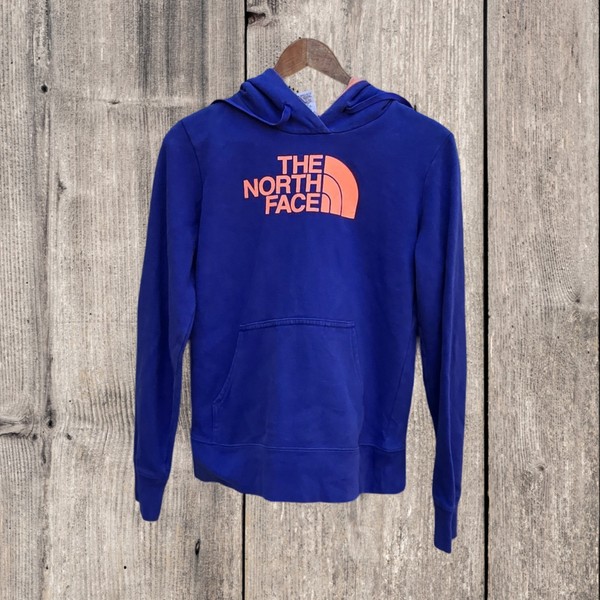 The North Women' Face Blue Pink Graphic Print Logo Pullover Hoodie Size S