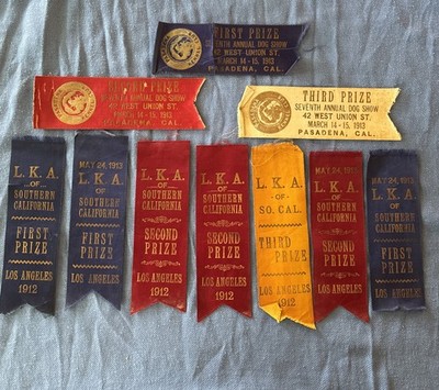 Vintage LKA So. Cal. Pasadena Kennel Club Ribbon First Place 1912 1913 Dog Show