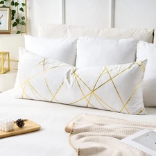 White Lumbar Throw Pillow Cover 14x36 Long Decorative Pillows for Bed Gold Fo...