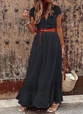 Women's Boho Floral Fit & Flare Maxi Dress V Neck Belted Lace Trim S-3XL
