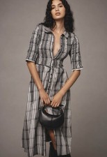 Anthropologie Maeve Short-Sleeve Smocked MIDI  Shirt Dress Black Plaid Size L