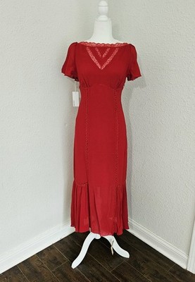 Reformation Domini Dress In Lipstick, NWT, Red Lace Details Viscose Midi