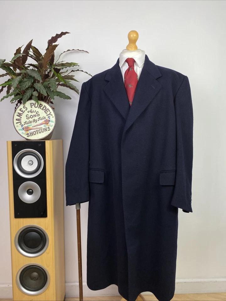 CROMBIE (46R) Pure New Wool Long Overcoat Covert Coat Jacket Navy Blue Modern - Image 2 of 4